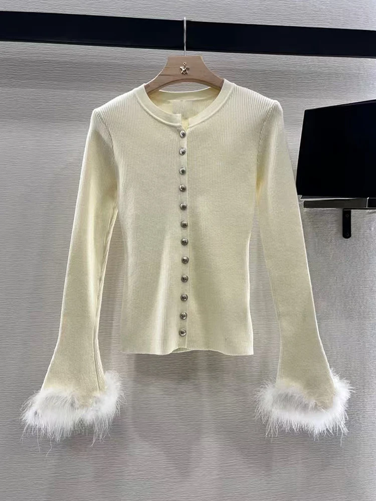 2025 spring women's new long sleeve splicing wool design round neck cardigan fashion all-match knitted sweater coat