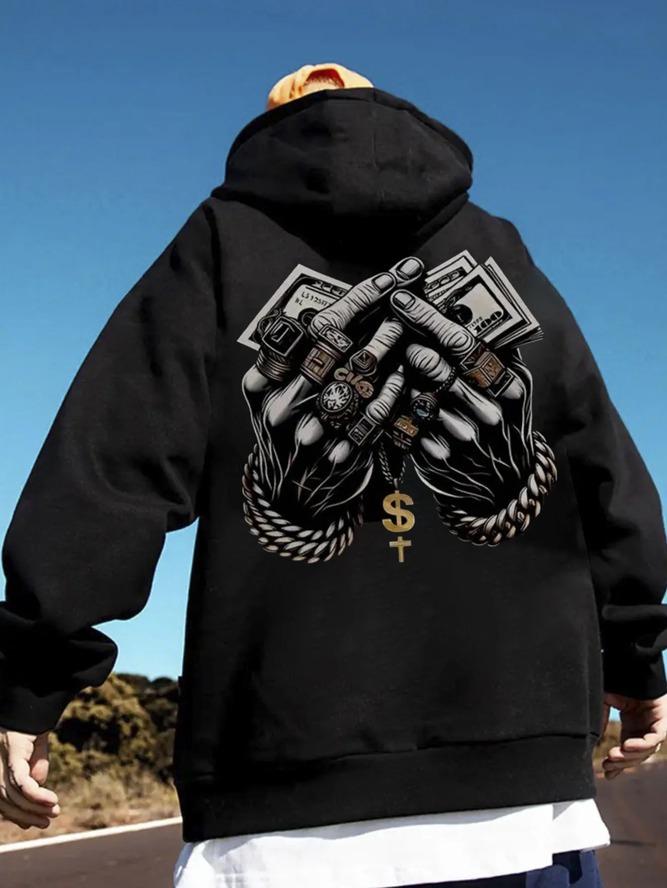 Men's 280-Pound Hooded Sweatshirt with Urban Street Style Print Design, Money and Jewelry Pattern, Loose Fit, Round Neck, Long Sleeves, Suitable for Both Casual and Business Wear, Comfortable for All Seasons, Machine Washable, Black and Gold Luxury Version