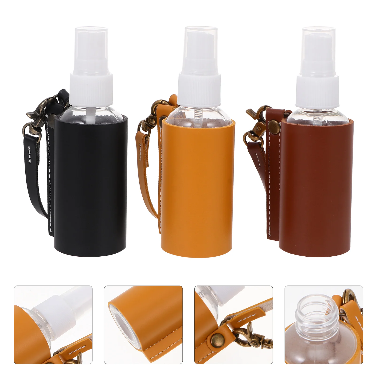 

3pcs Perfume Spray Bottles Cases Portable Hand Containers Refillable PU Cover Keychain Holder Black Brown