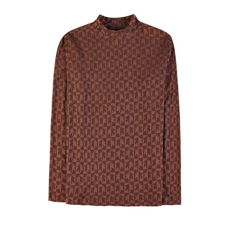 Jacquard-T-Shirt mit halbhohem Halsausschnitt und langen Ärmeln für Herren im Frühling und Herbst, neuer trendiger und modischer, schlanker, vielseitiger Pullover mit mittlerem Ausschnitt