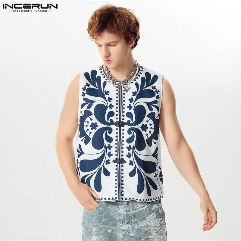 INCERUN Tops 2024 Stylish Personality Men\'s Buckle Design Shirts Streetwear Male Floral Pattern Sleeveless Cardigan Blouse S-5XL