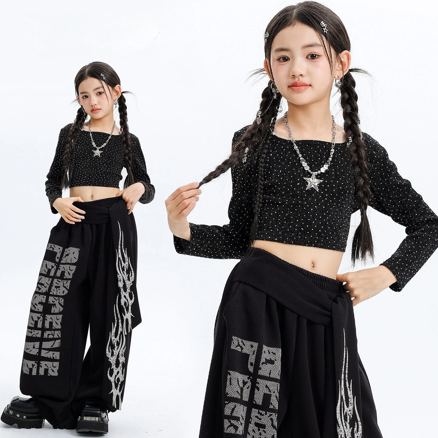 

Kid Kpop Hip Hop Clothing Black Stoned Crop Long Sleeve T Shirt Top Flame Print Belt Sweat Pants for Girls Dance Costume Clothes