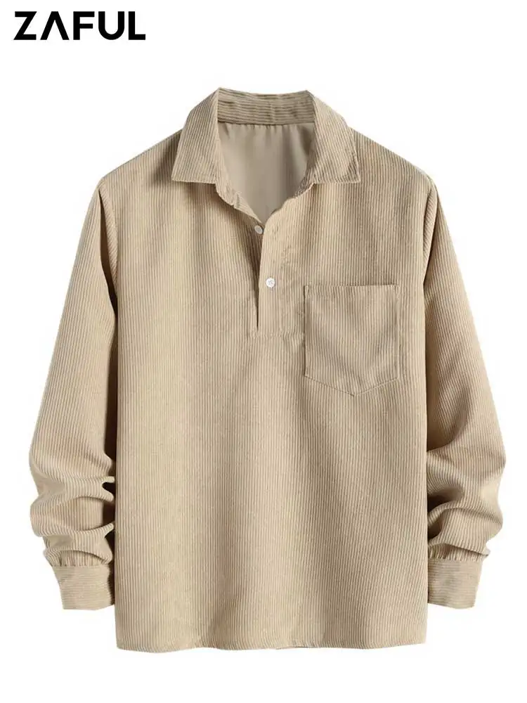 

ZAFUL Corduroy Men's Shirts Solid Half Button Turndown Collar Long Sleeves Shirt Fall Spring Streetwear Overshirt Tops Z5075686