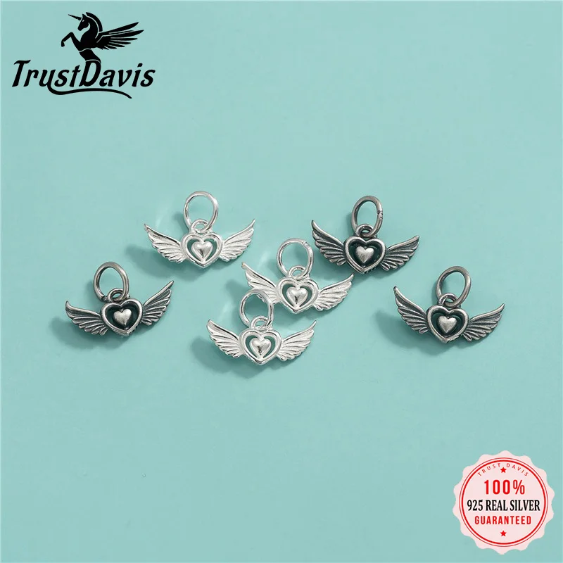 Trustdavis Real 925 Sterling Silver Fashion Love Angel Wings Charm Pendant Handmade DIY Accessories Jewelry Wholesale DZ1696