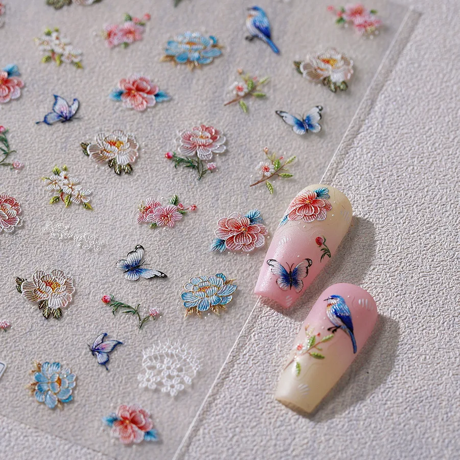 5D Gorgeous Colorful Embroidered Peony Vivid Flowers Birds Butterfly Adhesive Nail Art Stickers Decals Manicure Ornaments