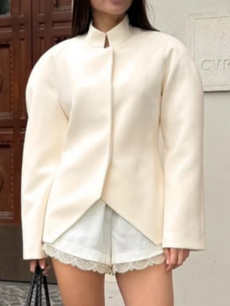 Women Fitted Jacket Solid Stand Collar Raglan Long Sleeve Hidden Zip Irregular Hem Casual Coat  Autumn Fashion Loose Jackets