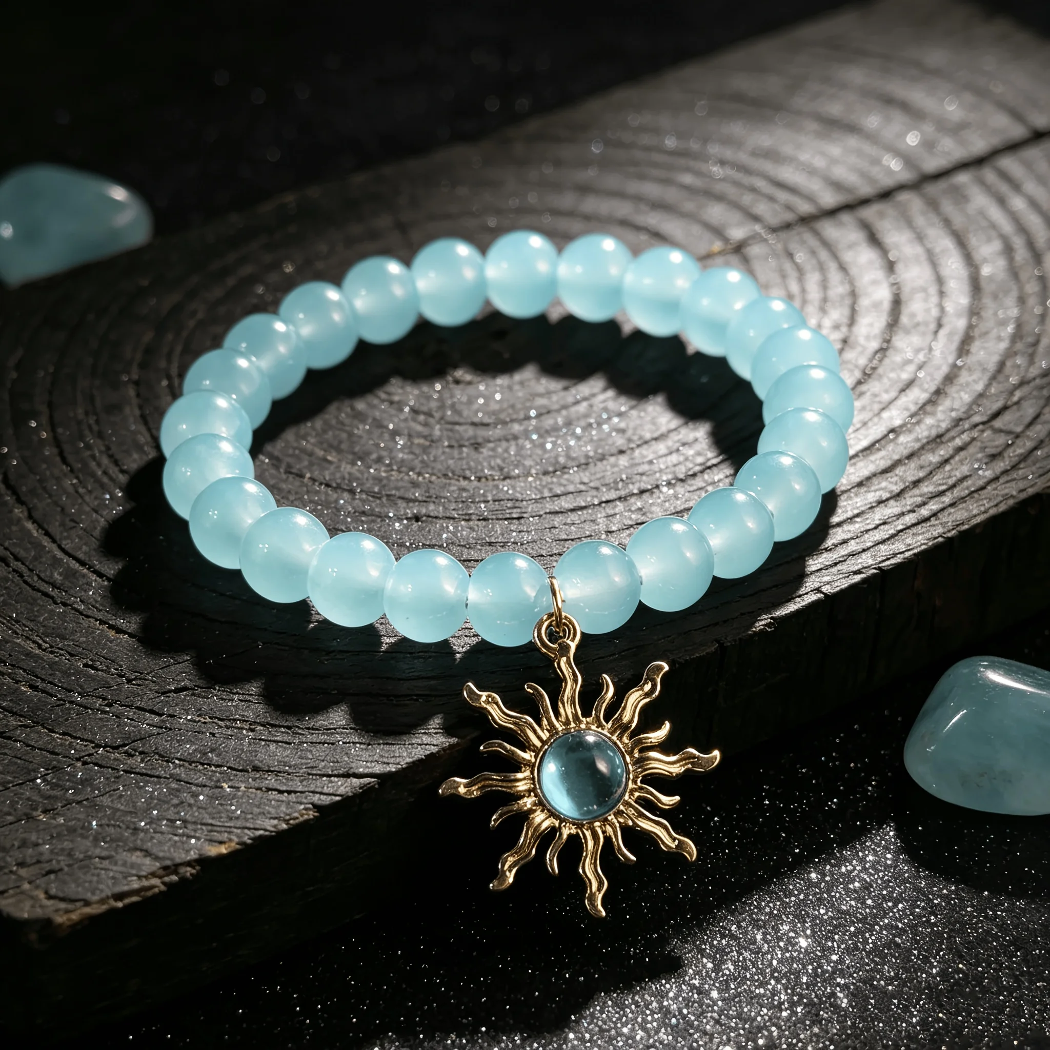 1PC Elegant Deep-Sea Style Beaded Bracelet w/Ice Blue Sunflower Elastic, Fortune, Light Luxury Unisex Daily/Fest Gift