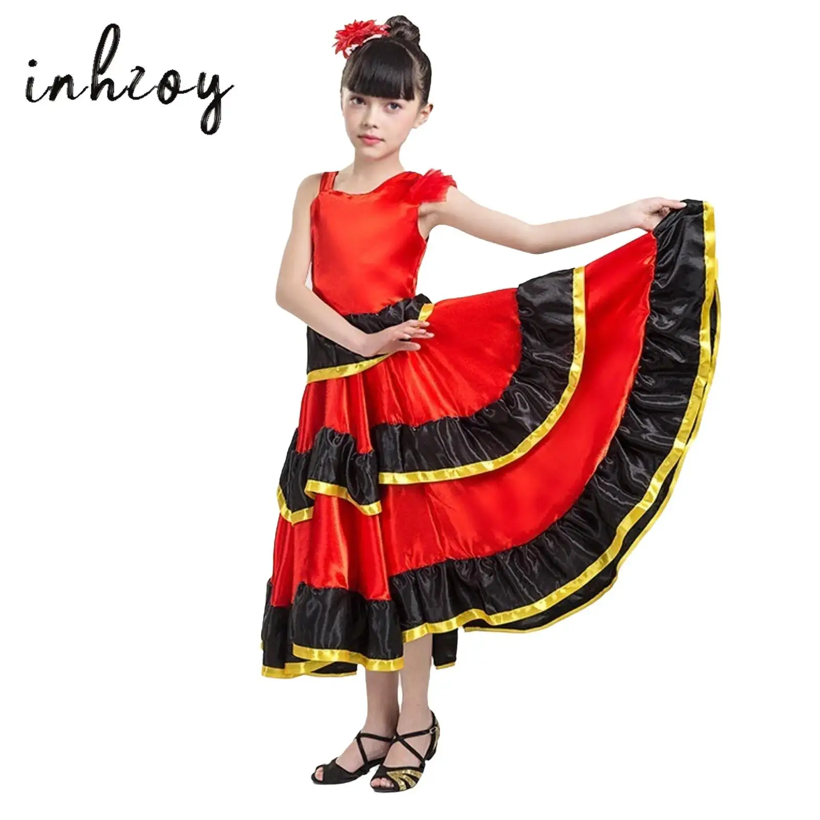 Vestido de dança flamenco espanhol de 180/360 graus, crianças, meninas, ombro assimétrico, babados, bainha larga, bloco de cores, vestido + chapéu