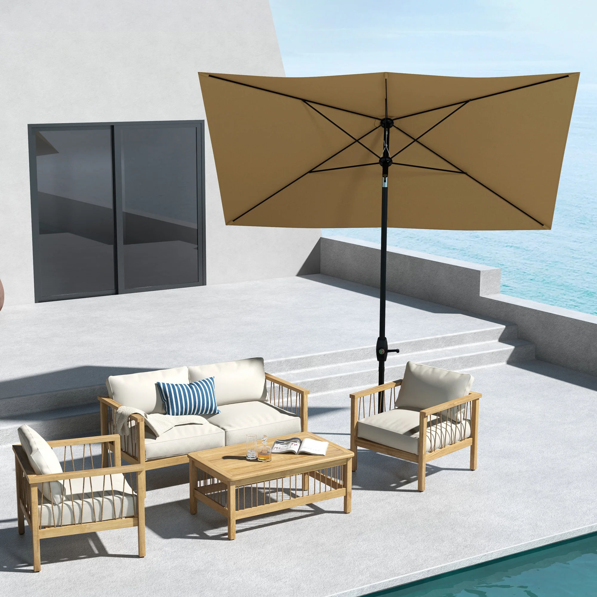 6.6' x 10' Rectangular Market Umbrella, Patio Outdoor Table Umbrella with Crank and Push Button Tilt, Coffee