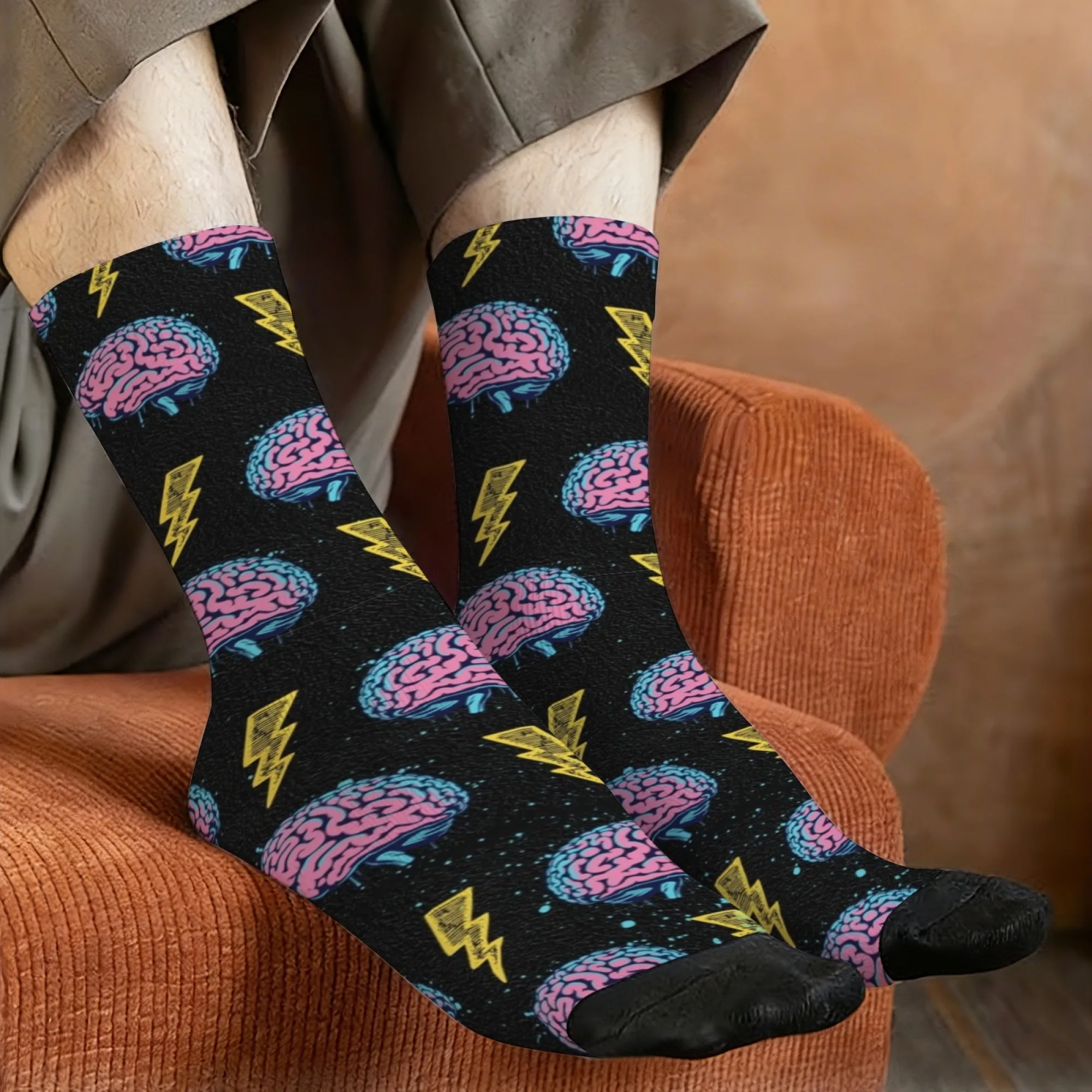 ​​Brain Lightning Print Socks Comfortable Non Slip Men's Socks Daily Wear Sports Travel Hiking Retro Trendy Harajuku Style Socks
