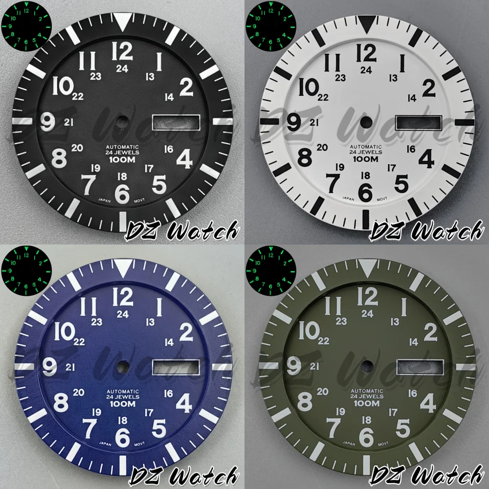 DZ 34,3 mm Schwarz Weiß Blau Grün Steriles Zifferblatt Doppelkalender Skala Leuchtende Passform NH35 NH36 Uhrwerk Uhr Teil ersetzen