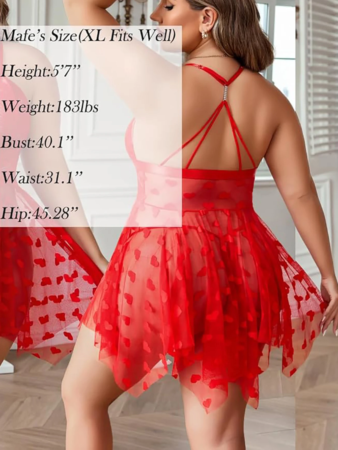 Plus Size Heart Pattern Lace Babydoll Lingerie for Women - Sheer Mesh Deep V-Neck Chemise Nightgown with Front Closure Thong Set