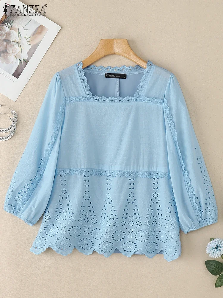 ZANZEA Elegant Openwork Embroidery Blusas Mujer Square neck Lace-Trim Solid Womens Blouses Street Fashion 3/4 Puff Sleeve Tops