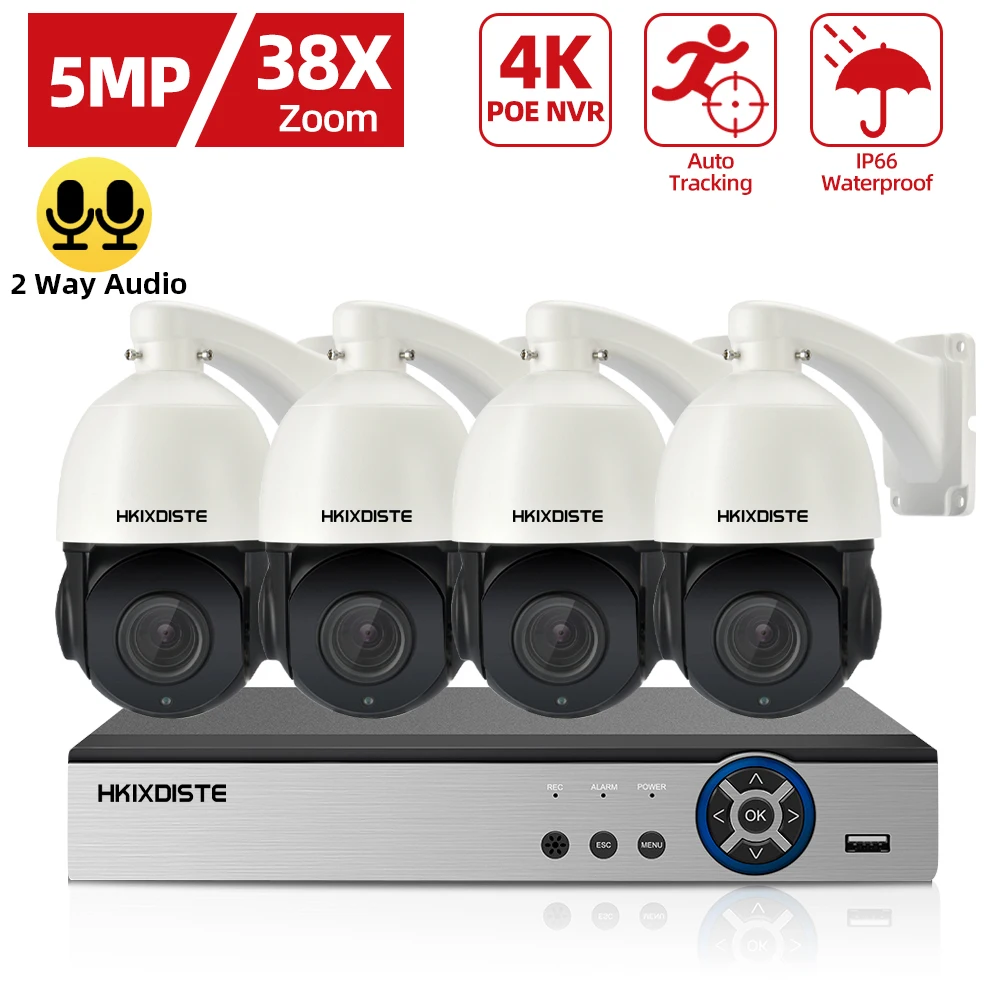 5MP H.265 8CH Video Surveillance Set PTZ Smart AI Security Camera POE NVR Kit Auto Tracking 2 Way Audio 38x Zoom Camera Kits