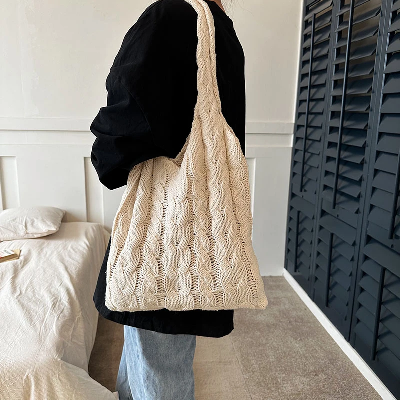 

Y2K Knitted Women's Bag Twist Eco Bag Korean Shopper Fashion Handbag Solid Braid Shoulder Bags Crochet Rope Tote Bag Weave Purse