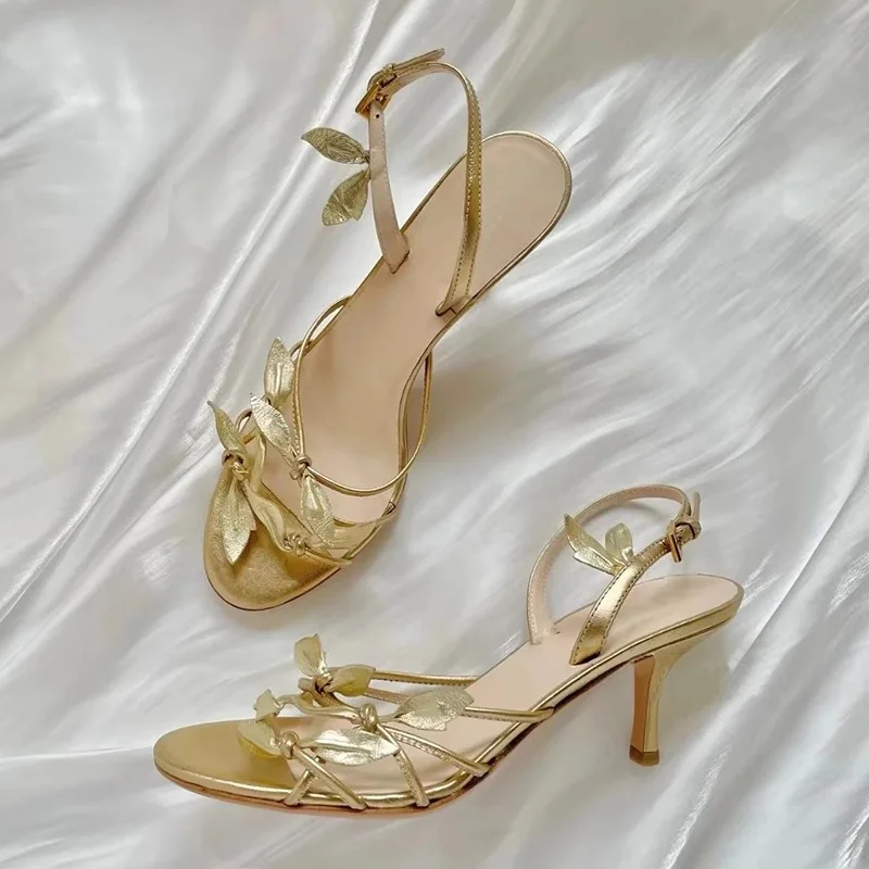 Golden Leaves Decor Sandals Stiletto Heels Elegant Luxury Dress Shoes High Heeled Retro Leather Vintage Shoes for Women Wedding