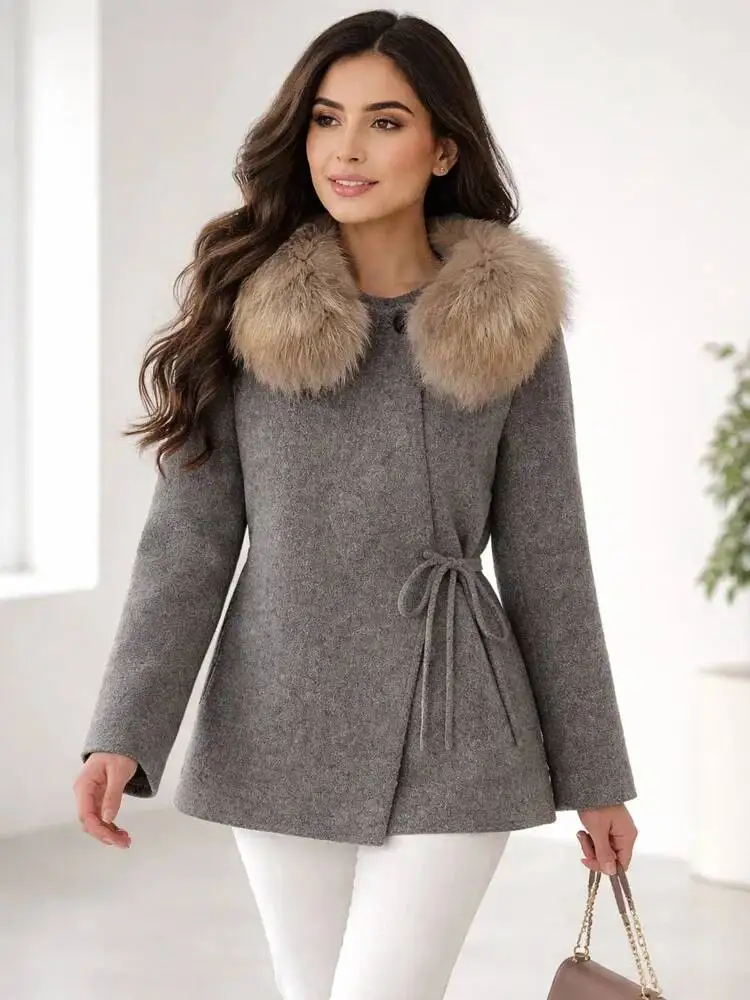 ONEXWEN 2026 New Women Grey Wool Short Coat Oversized Fluffy Fur Big Collar Wrap Front Side Tie Belt Waist Woolen Jacket ZM5410