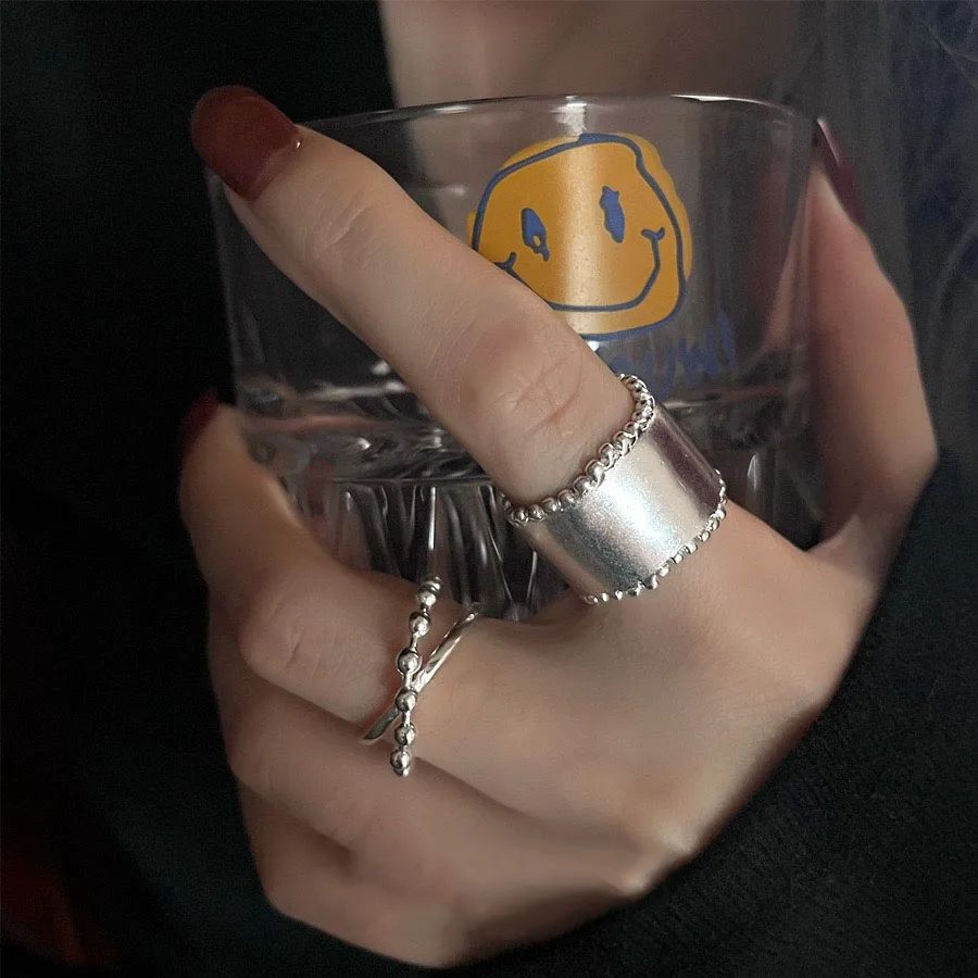 925 Sterling Silver Rings For Women Geometric Fine Jewelry Finger Adjustable Vintage Wide Smooth Ring For Party Birthday Gift