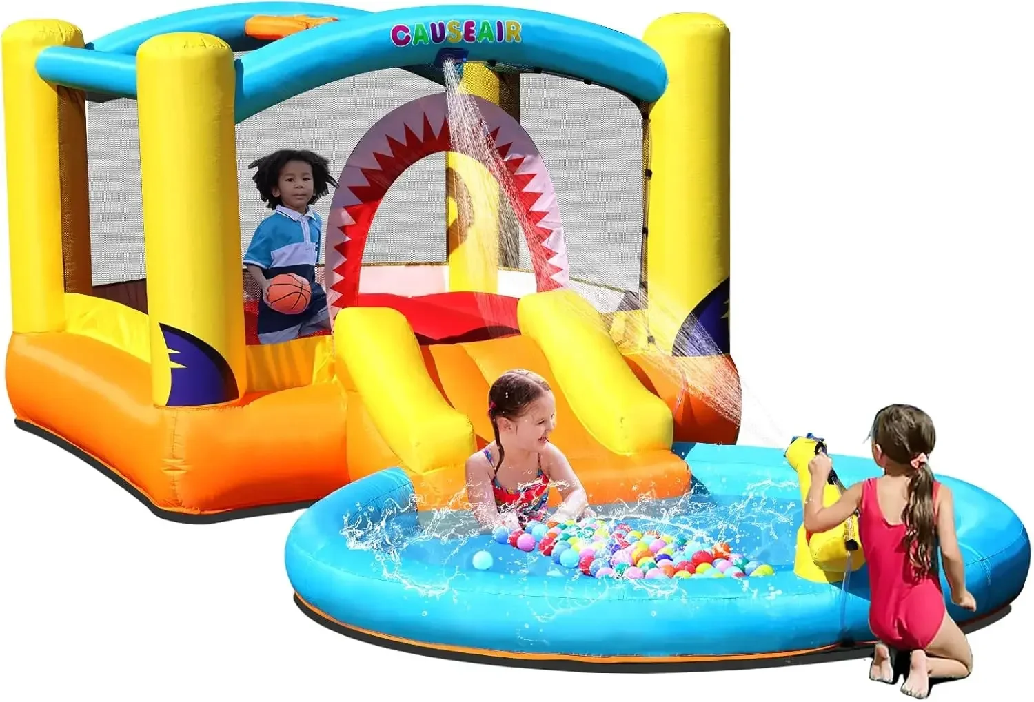 Bounce House with Ball Pit & Water Slide,Wet & Dry Use,Water Spray Gun,Basketball Hoop,Bouncy House for Toddler Kids