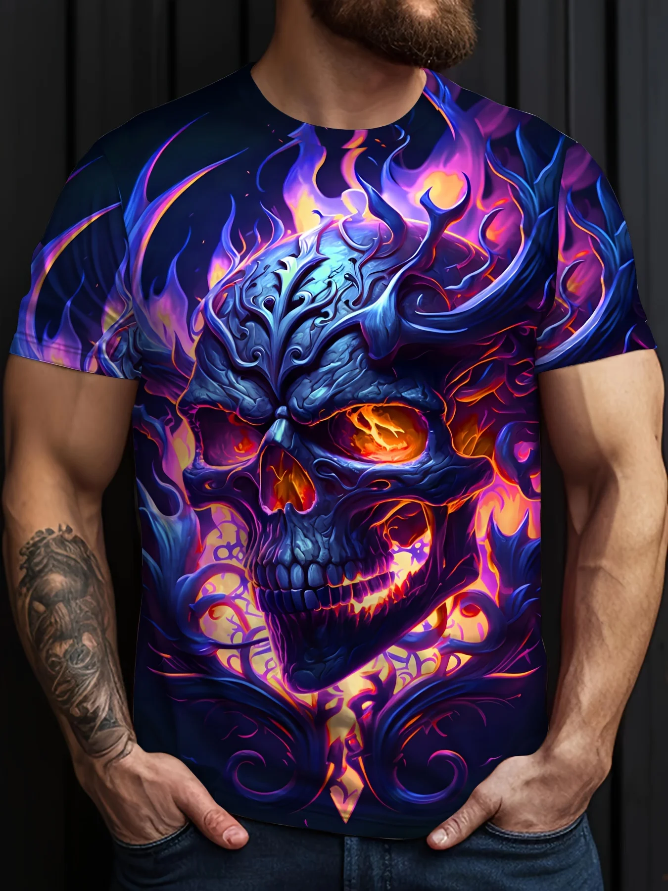 Summer Short-sleeved T-shirts Are Suitable for Halloween Plus Size Men's Costumes with 3D Print Illuminated Skulls and Flames