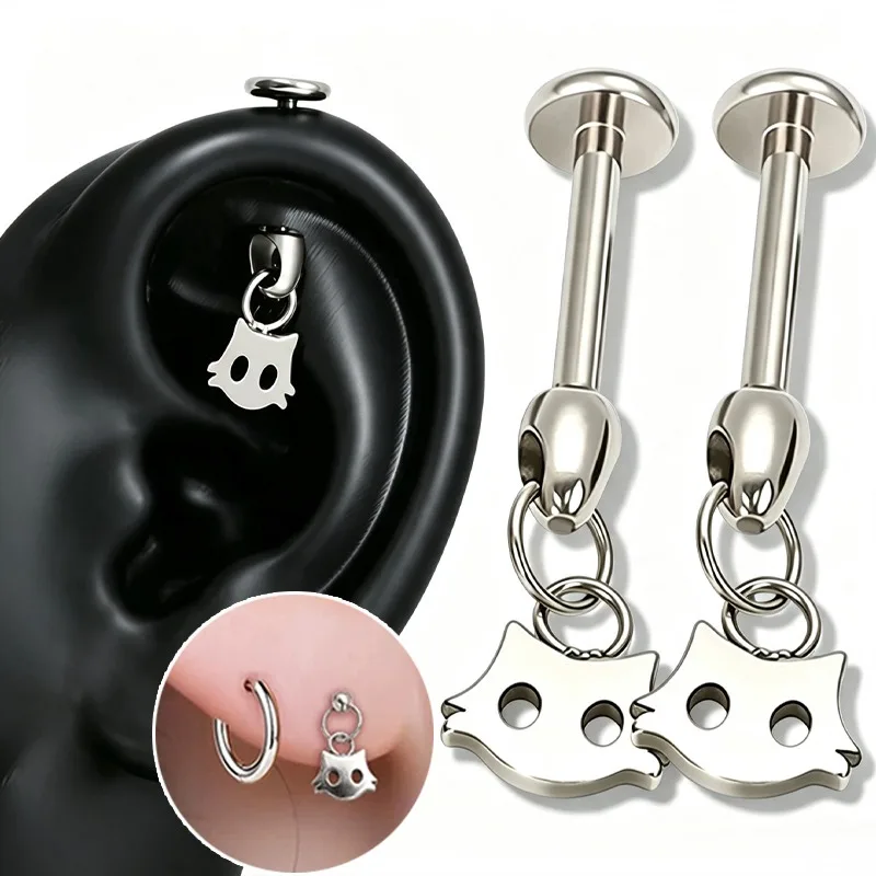 Cute Cat Pendant Tragus Helix Bar Flat Ear Studs Ear Piercings Body Jewelry for Women Daily Wear Party Decor Accessories 1.2mm