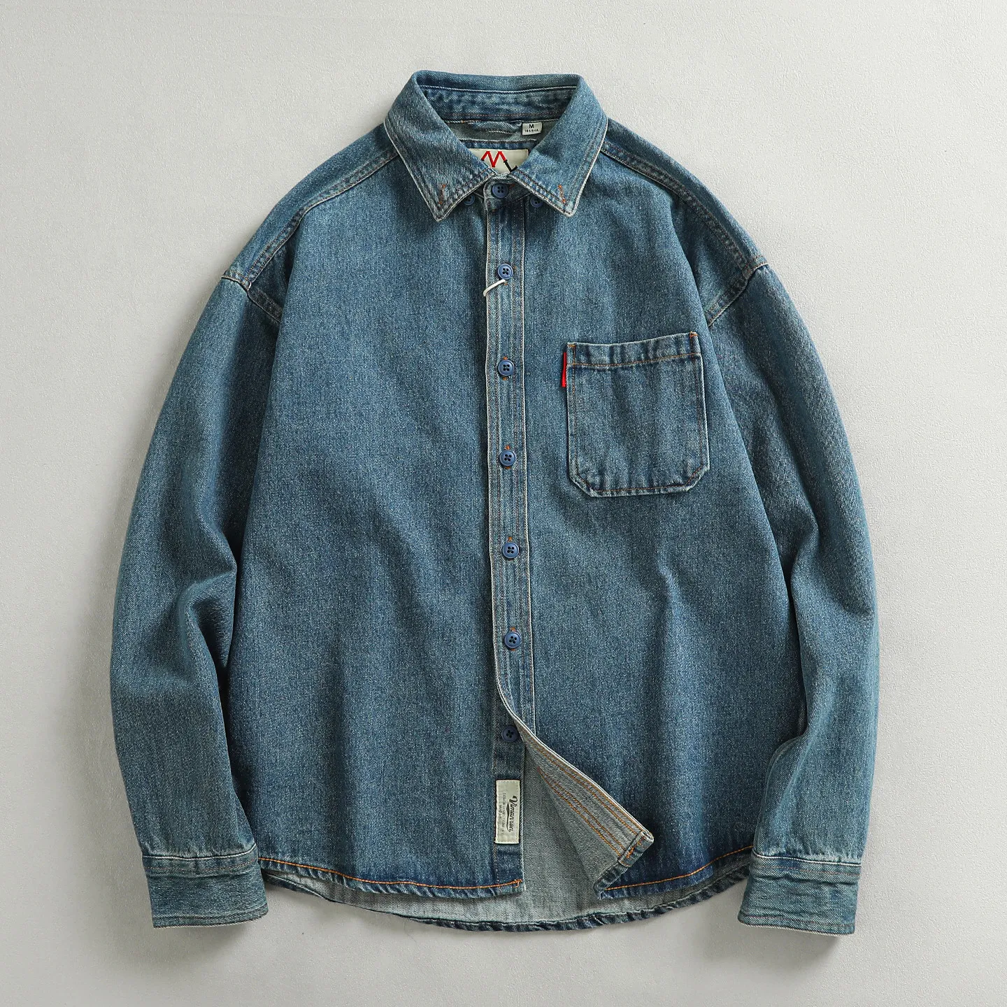 

Retro heavy washed distressed denim shirt for men Ami khaki trendy loose and versatile jacket