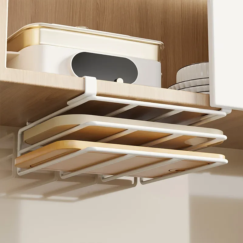 No Drill Kitchen Under Cabinet Rack Holder for Cutting Board Paper Towel Pot Lid Multifunctional Storage Organizer Shelf