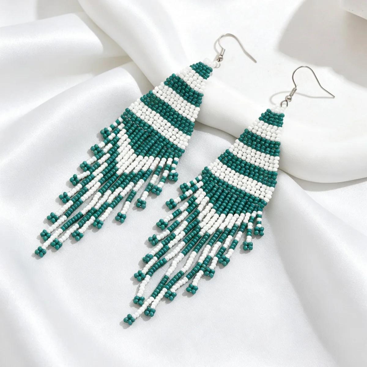 Cross-border exaggerated rhombus colored rice beads fringed earrings bohemian style long hand-woven versatile women