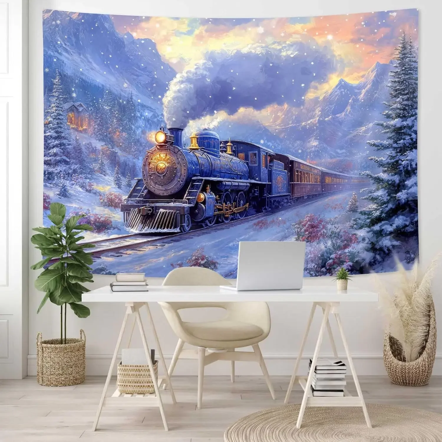 Vintage Steam Train Tapestry Winter Forest Mountain Cabin Watercolor Wall Art for Kids Bedroom Living Room Decor