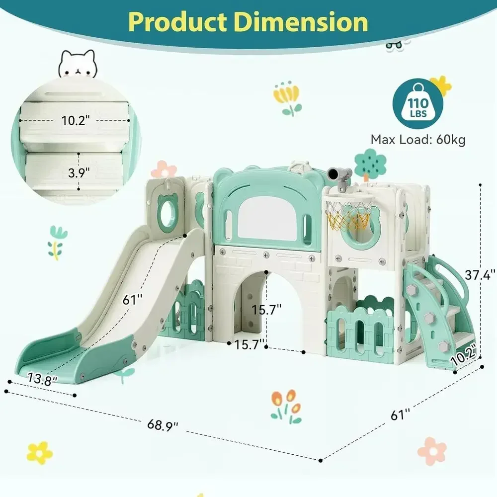 Multi-Functional Toddler Slide Set with Climbing Board, Basketball Hoop, and Playhouse - Durable Indoor/Outdoor for Boys and Gir