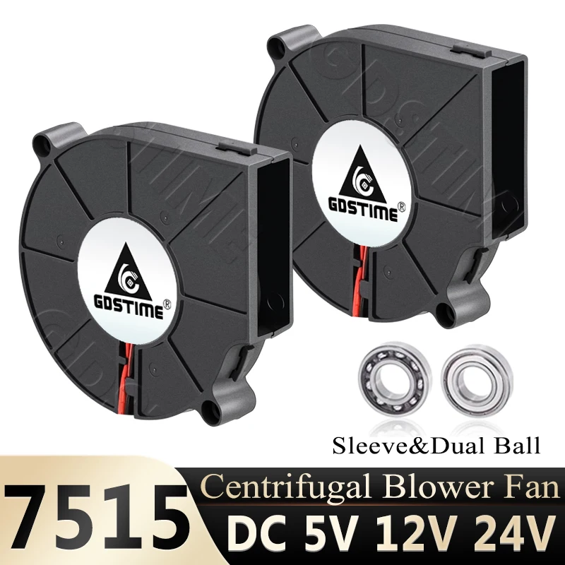 Gdstime 7515 블로워 팬 24V 12V 5V 75x75x15mm 방사형 75mm 7cm 듀얼 볼 2핀 USB DC 터보 원심 냉각 쿨러