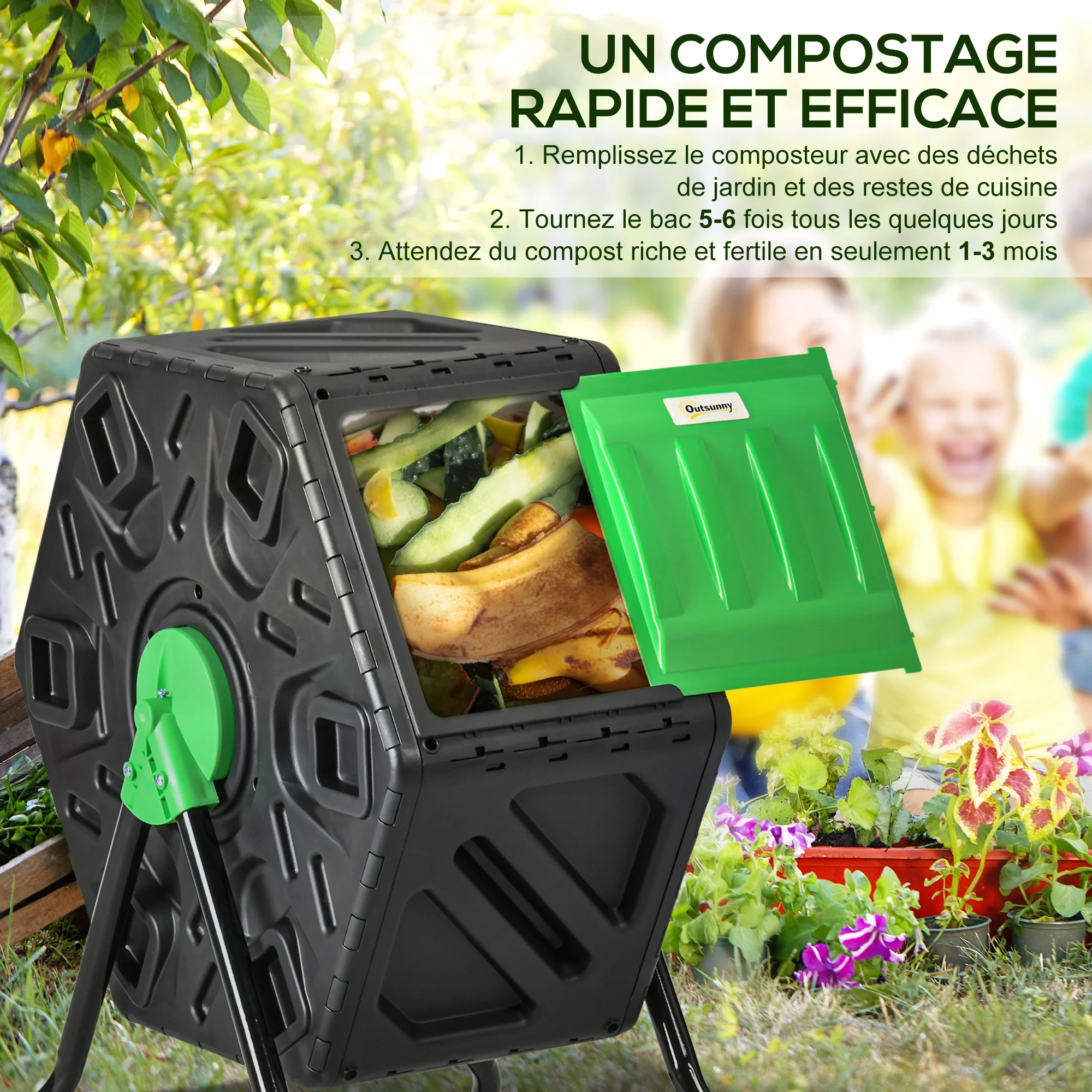 Outsunny Compostador de jardín, contenedor de compostaje giratorio 360° para jardín ° de polipropileno 65 L 24 orificios 60 x 49 x 77 cm negro