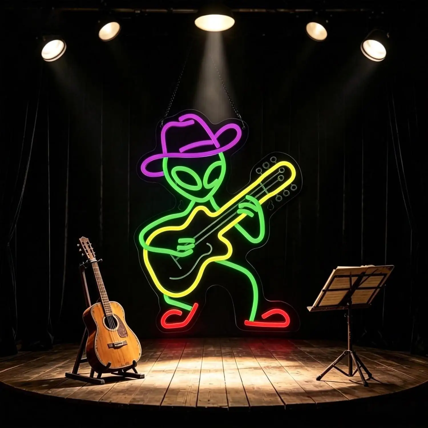 Alien Cowboy Guitar Neon Sign Dimmable USB Powered Neon Light For Game Room Bar Pub Music Studio Space Theme Party Wall Decor