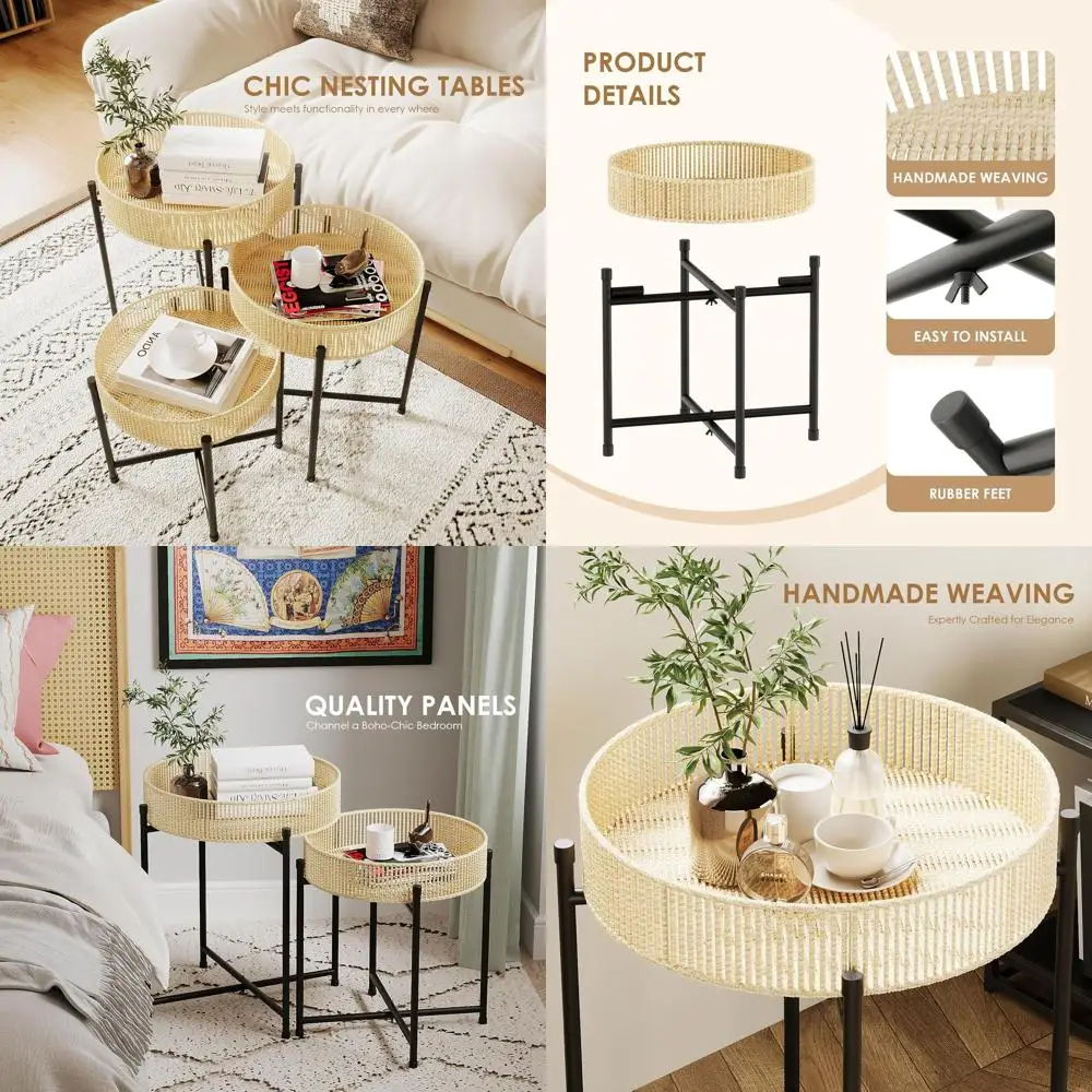 

Round Rattan Nesting Tables, Boho Style, Set of 3 for Living Room & Small Spaces, Handcrafted with Metal Legs