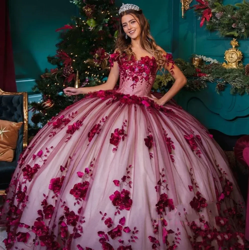 ANGELSBRIDEP Burgundy Mexican Quinceanera Dresses 3D Flowers Floral Pearls Sweet 16 Dresses 15 Años Birthday Princess Customized