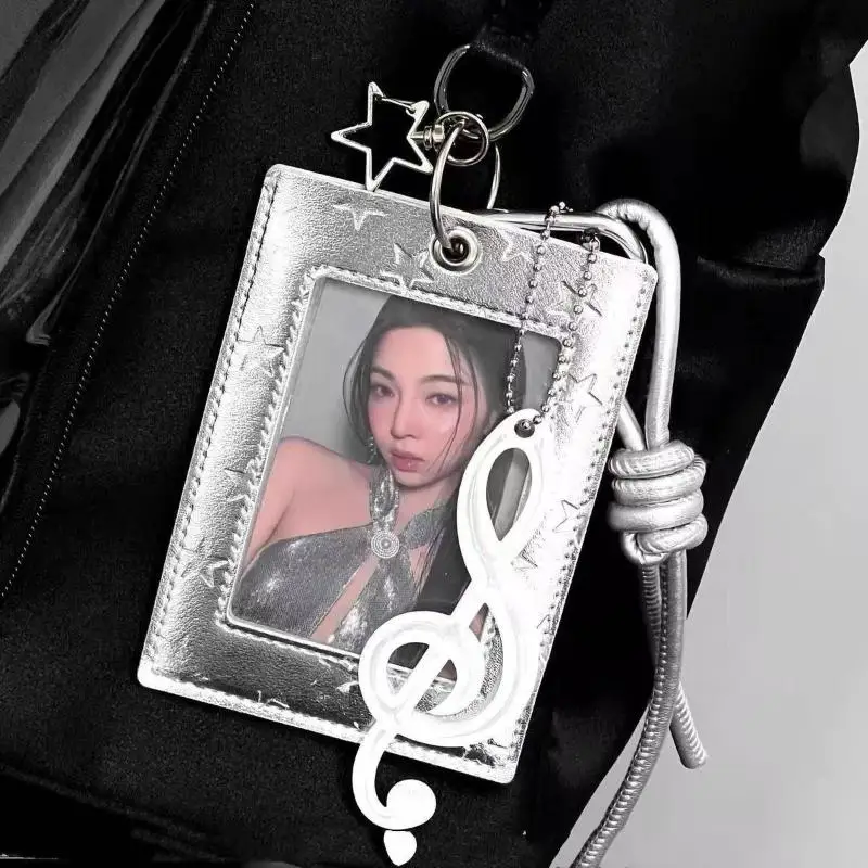1Pc Leather Card Holder Silver Gray Star Pattern 3 Inch Card Case Photo Protector Pendant
