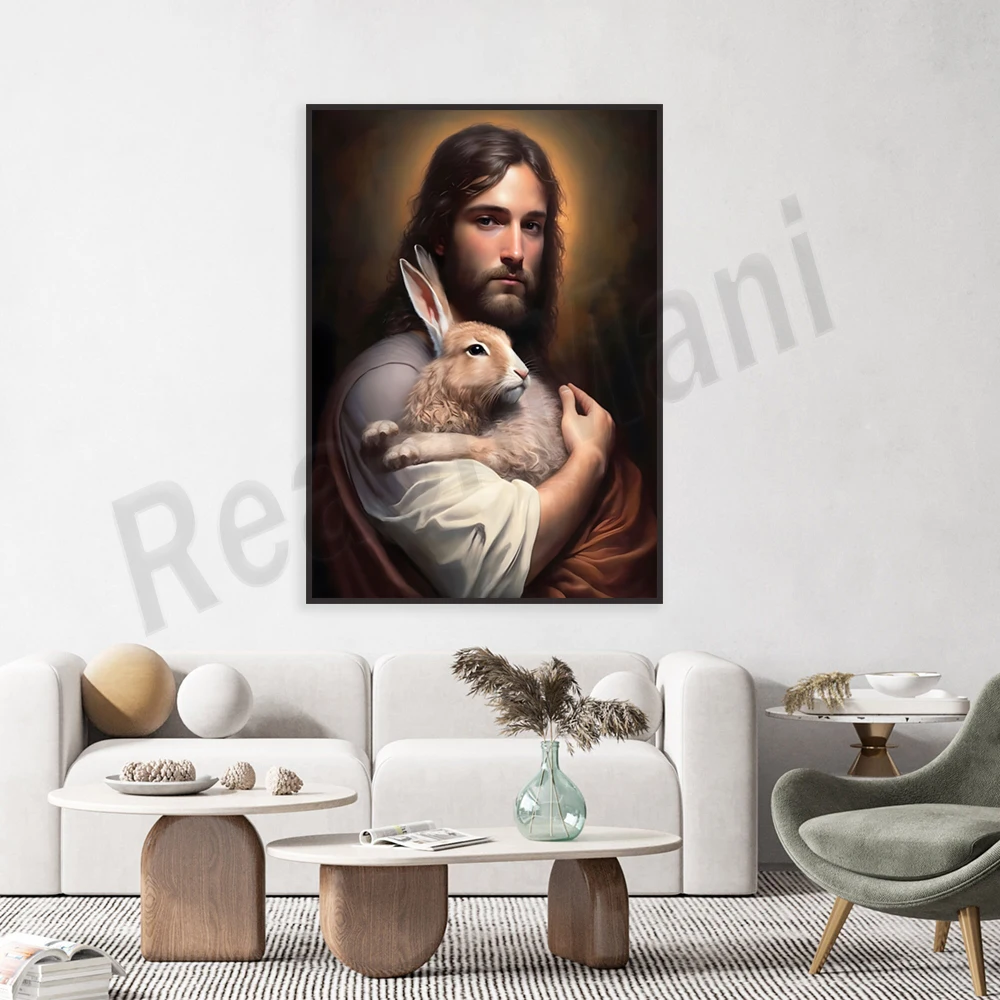 Jesus Christ Easter portrait, Jesus holding rabbit oil painting, Easter wall art, living room decoration, Christian art