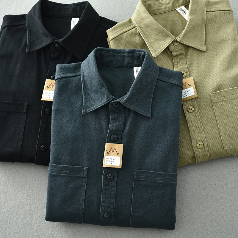 Vintage washed May khaki shirt men\'s long sleeve base lapel cotton loose casual cargo shirt