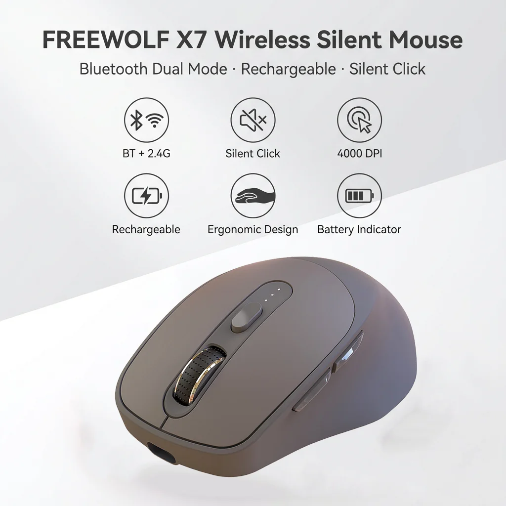 FREEWOLF X7 Wireless Mouse Bluetooth 2.4G Dual Mode Silent Rechargeable 4000DPI Ergonomic with Battery Indicator for PC Laptop