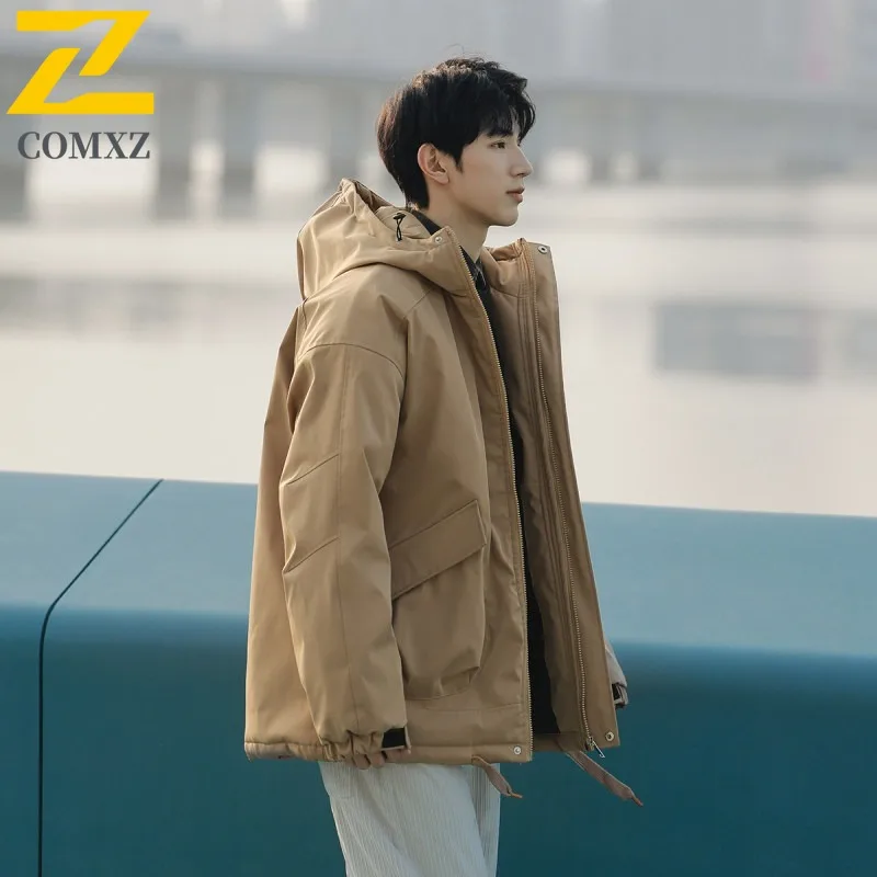 

COMXZ 2025 Мужская стеганая куртка, зимняя ветрозащитная водонепроницаемая теплая зимняя лыжная куртка с капюшоном, толстая морозостойкая хлопковая стеганая куртка