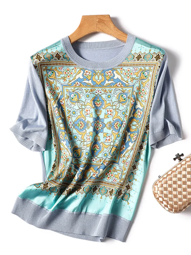Ice injReLabels-T-shirt à manches courtes pour femme, pull tendance, tricot à panneau imprimé, haute qualité, printemps, été, 2024