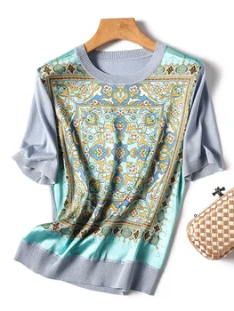 Hoge Kwaliteit 2024 Mode Dames Lente Zomer Ijs Verfrissende Gebreide Korte Mouw T-Shirt Bedrukt Paneel Losse Pullover