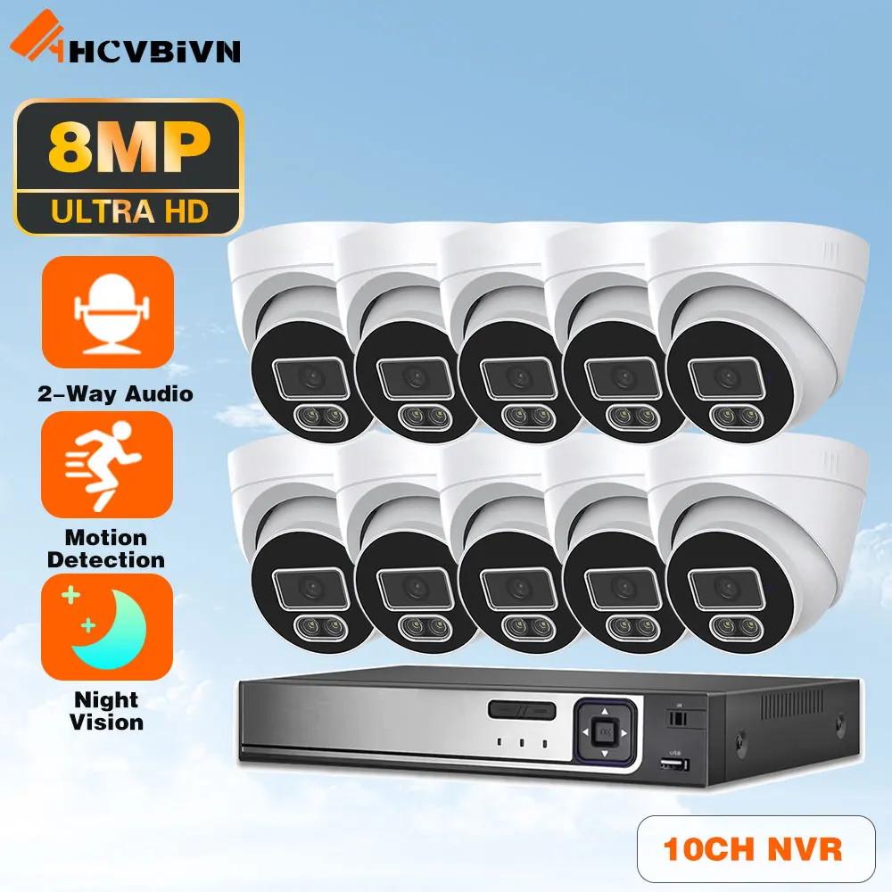 4K PoE NVR Video Surveillance Cameras System 8CH Expand 10CH NVR Kit 2-Way Audio Out/Indoor 8MP 4K IP Camera CCTV Security Set