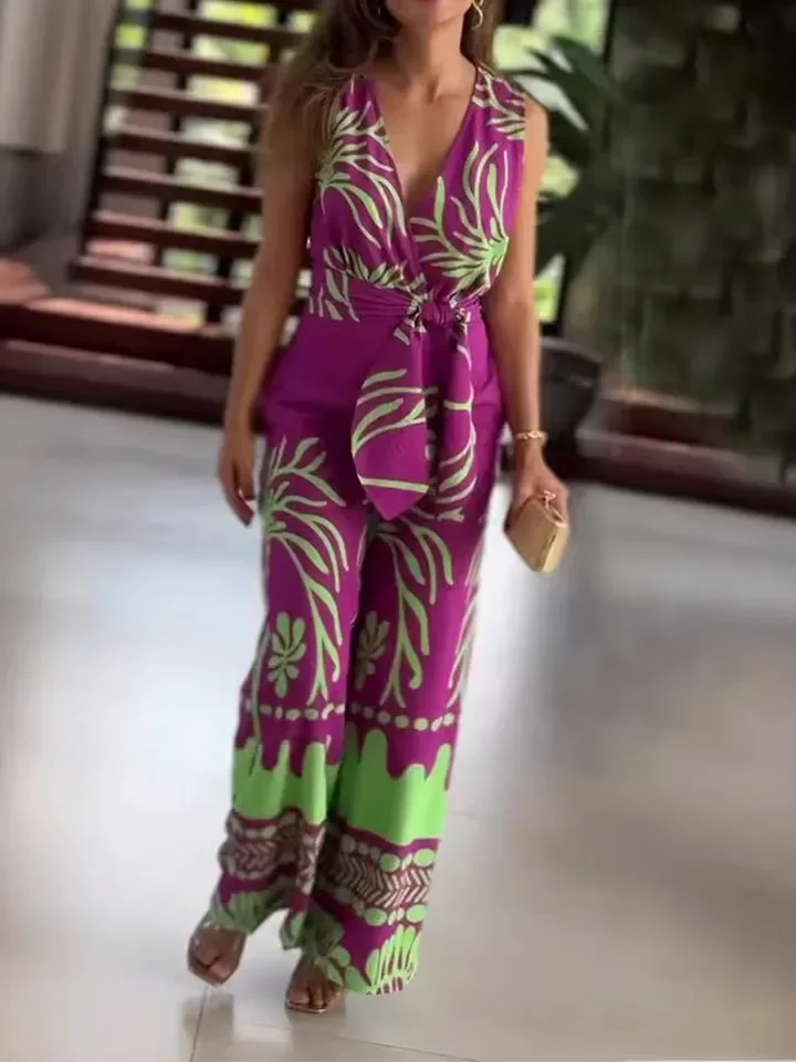 새로운 여름 패션 프린트 V넥 민소매 슬림 벨트 와이드 레그 점프수트 여성 의류 우아한 캐주얼 점프수트 여성복