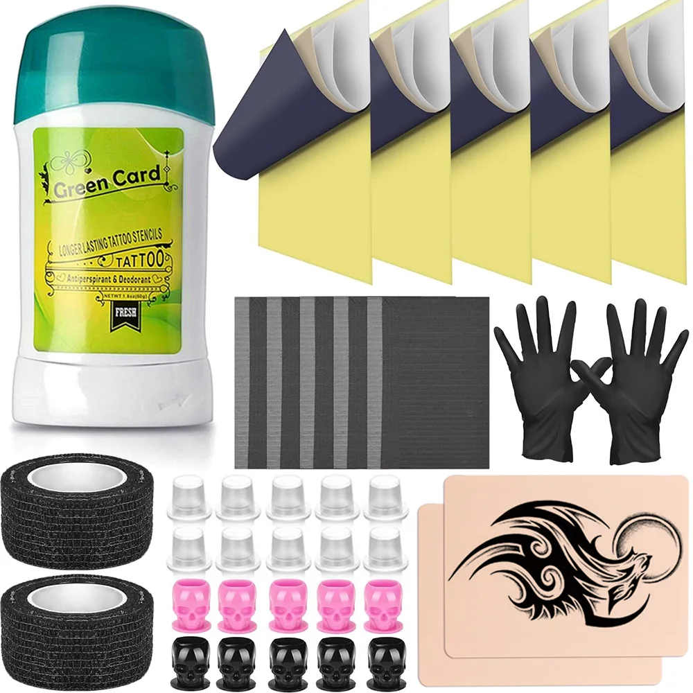 Professional Tattoo Transfer Kit Tattoo Transfer Paste Stencil Transfer Papers with Fake Skin Clean Pads Tattoo Accessories Kit