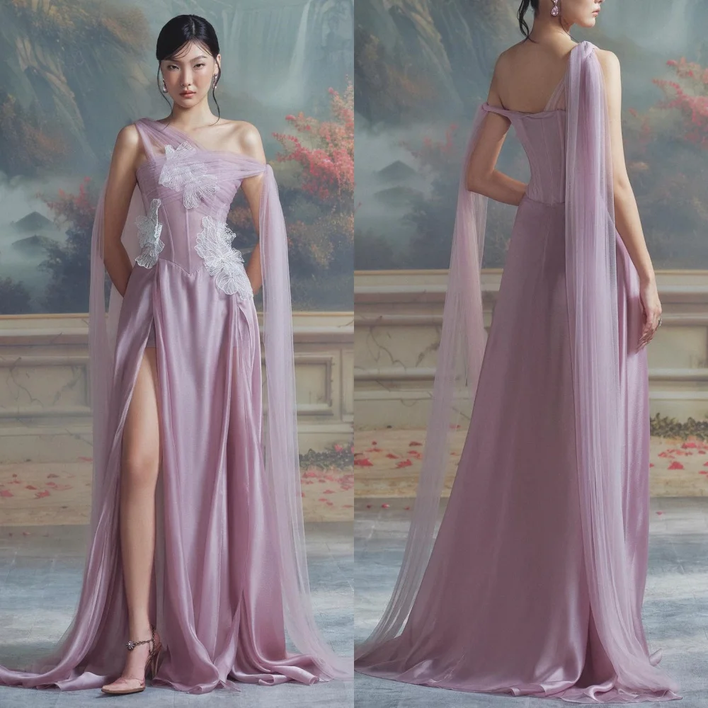 

Customized Simple Jersey Pleat Flower A-line One-shoulder Long Dresses Bespoke Occasion Dresses Classic Exquisite Modern Style P