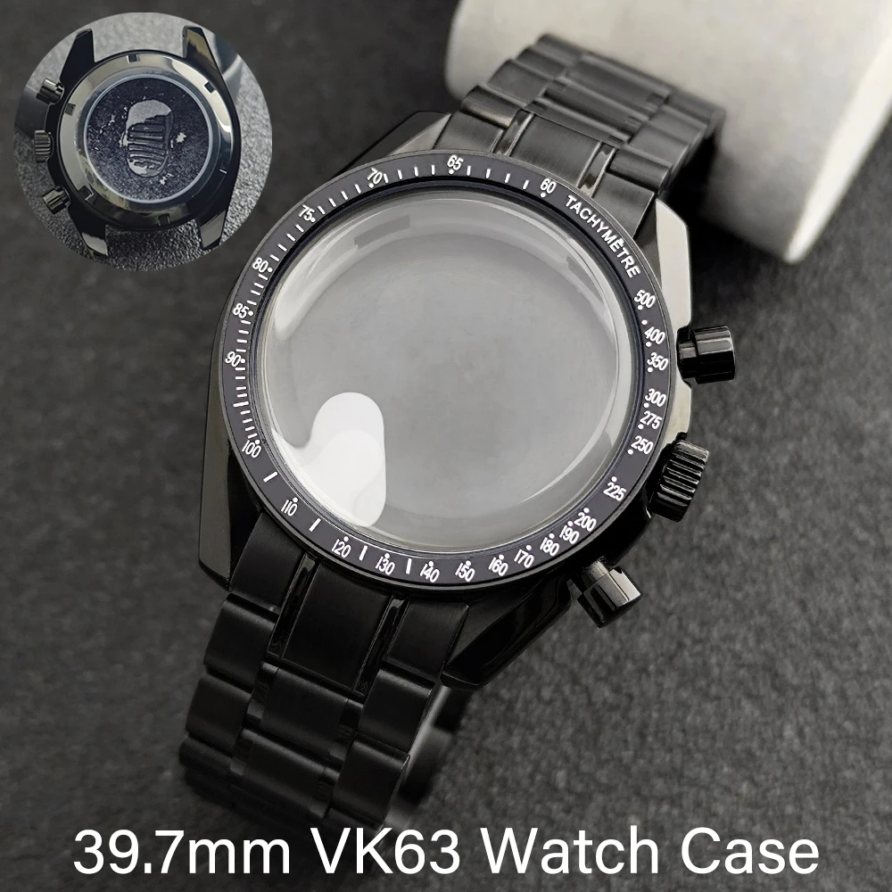 High Quality VK63 Black Watch Case 39.7mm Fits VK63 Quartz Movement Stainless Steel Watch Box Watch Sealed Back Moon Watch