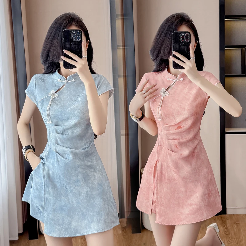 New Chinese Style Cheongsam Set Jacquard Stretch Dress + Shorts Ruched Slit Short Design Dresses Outfit Female 2026 New Suits