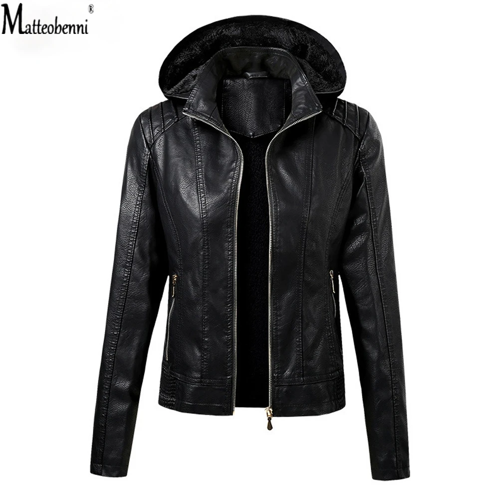 2023 New Women Hooded PU Leather Jackets Coffee Black Winter Warm Outerwear Motorcycle Coats Fashion Faux Leather Jacket Hoodies