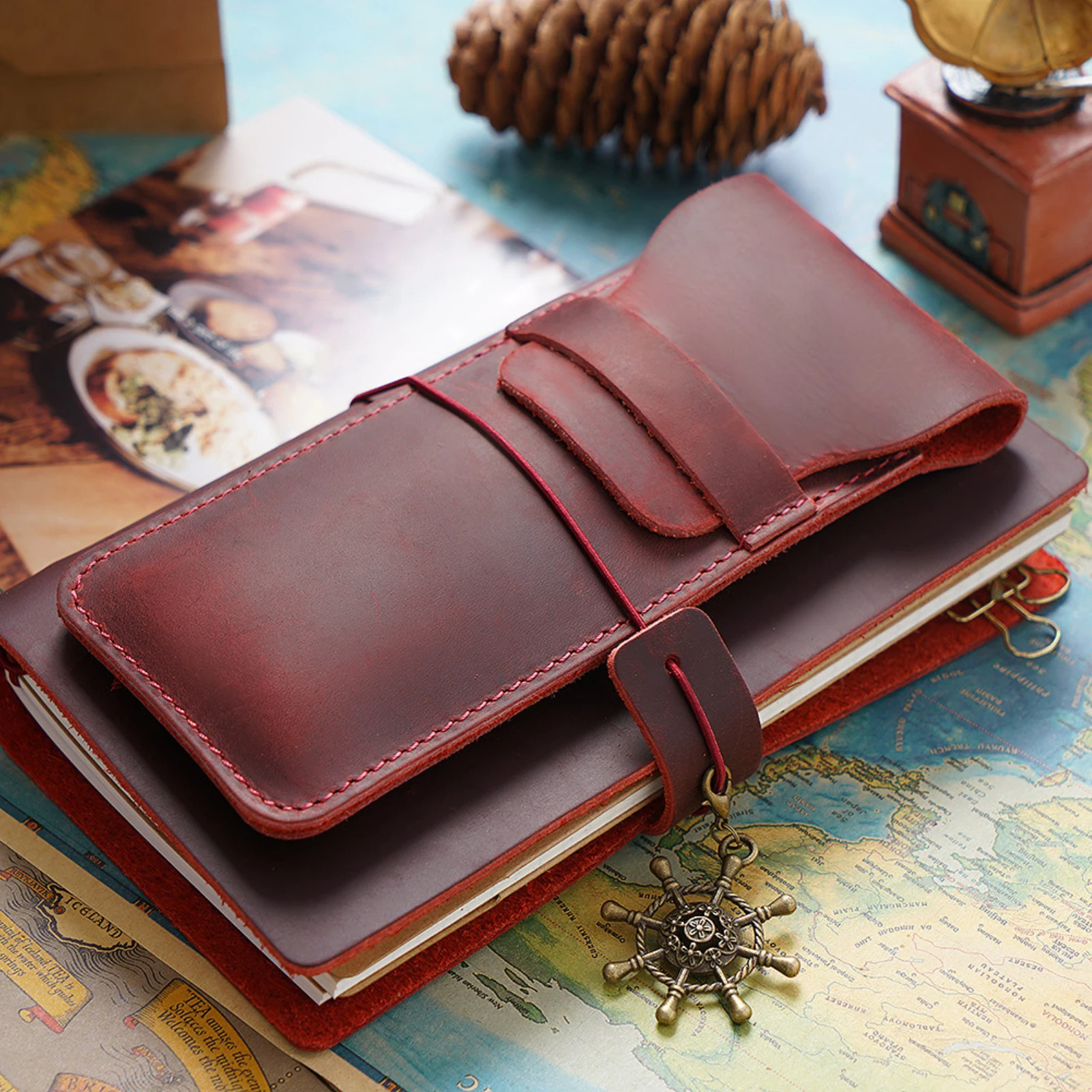 Bolsa de caneta de couro genuíno artesanal, bolsa de lápis de couro vintage estilo retrô, acessórios para diário de viagem